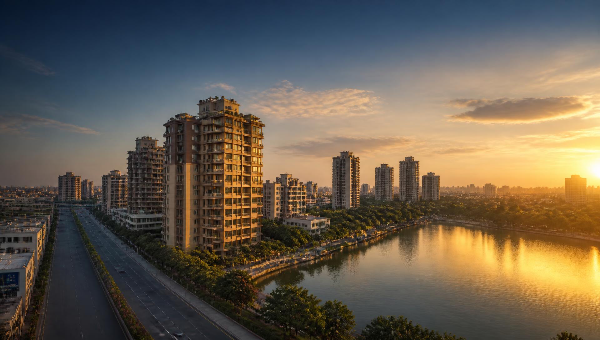 City skyline at golden hour beside a lake